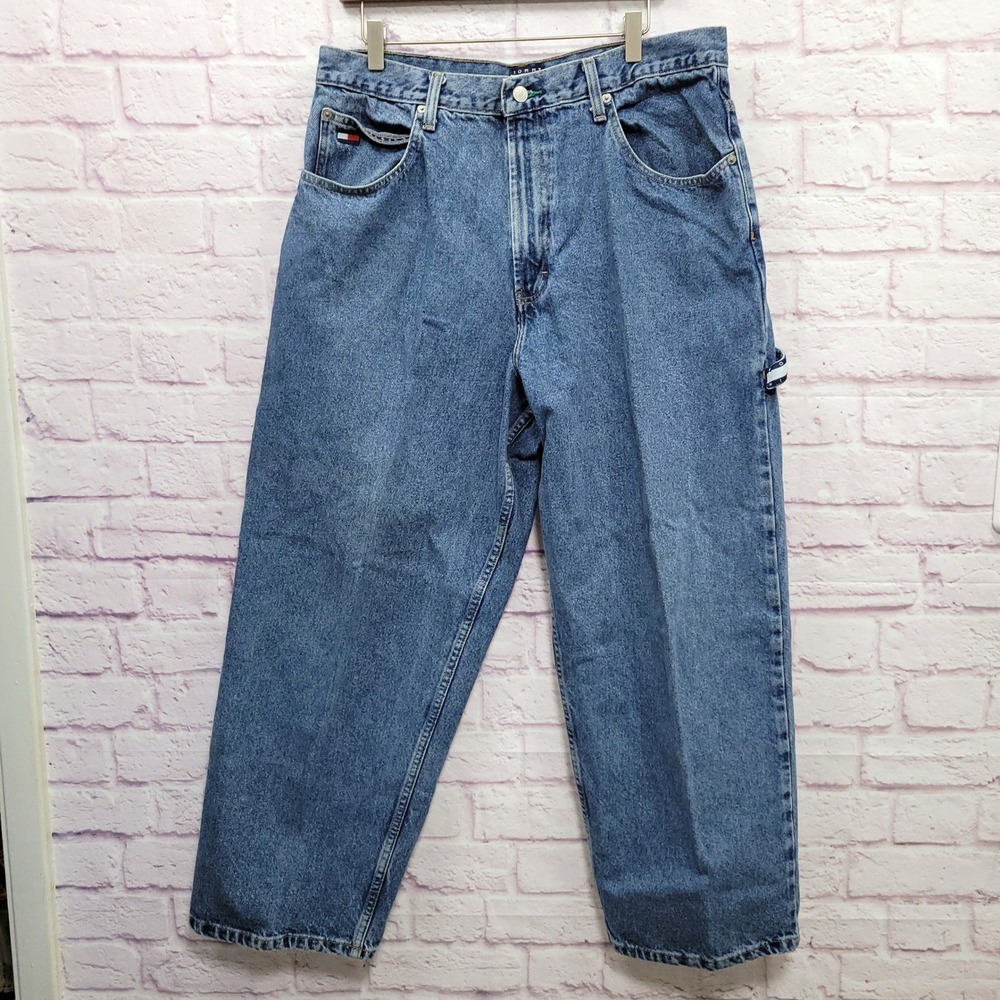 VTG 90s Tommy Hilfiger Blue Denim Carpenter Jeans Men 36x30 Baggy Skater Utility